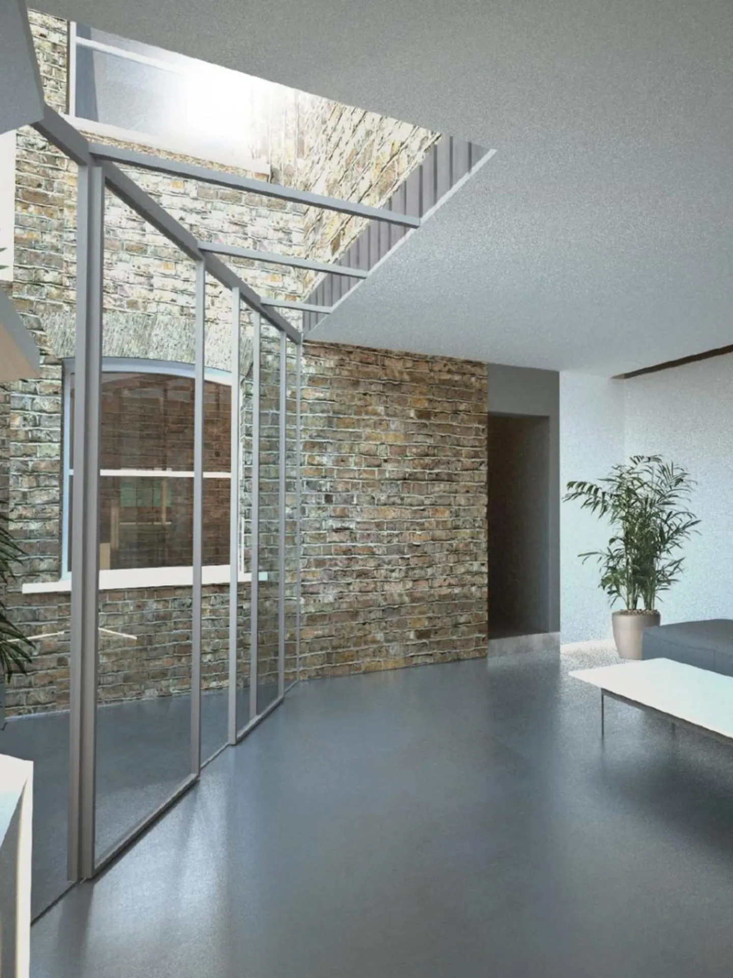 APARTMENT 160 | Light-filled interior featuring glazed walls, exposed brick, and polished concrete floors as part of a sustainable architecture approach.