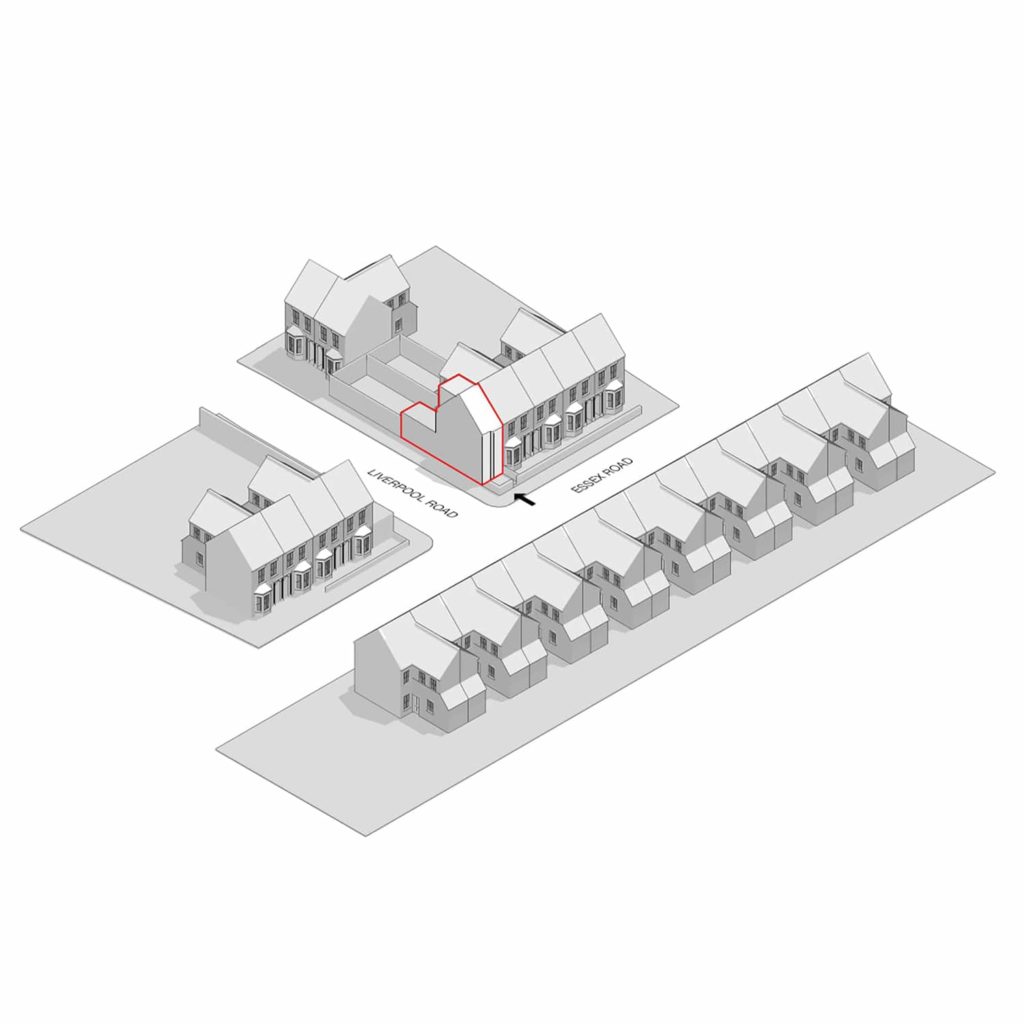 STREET FRONTAGE | Elevation drawing showing Essex House in context with neighbouring Victorian properties.
