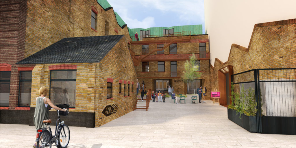 HW Studios | Street-level render of the studio complex, demonstrating contextual architecture that blends with Hackney Wick’s industrial character.