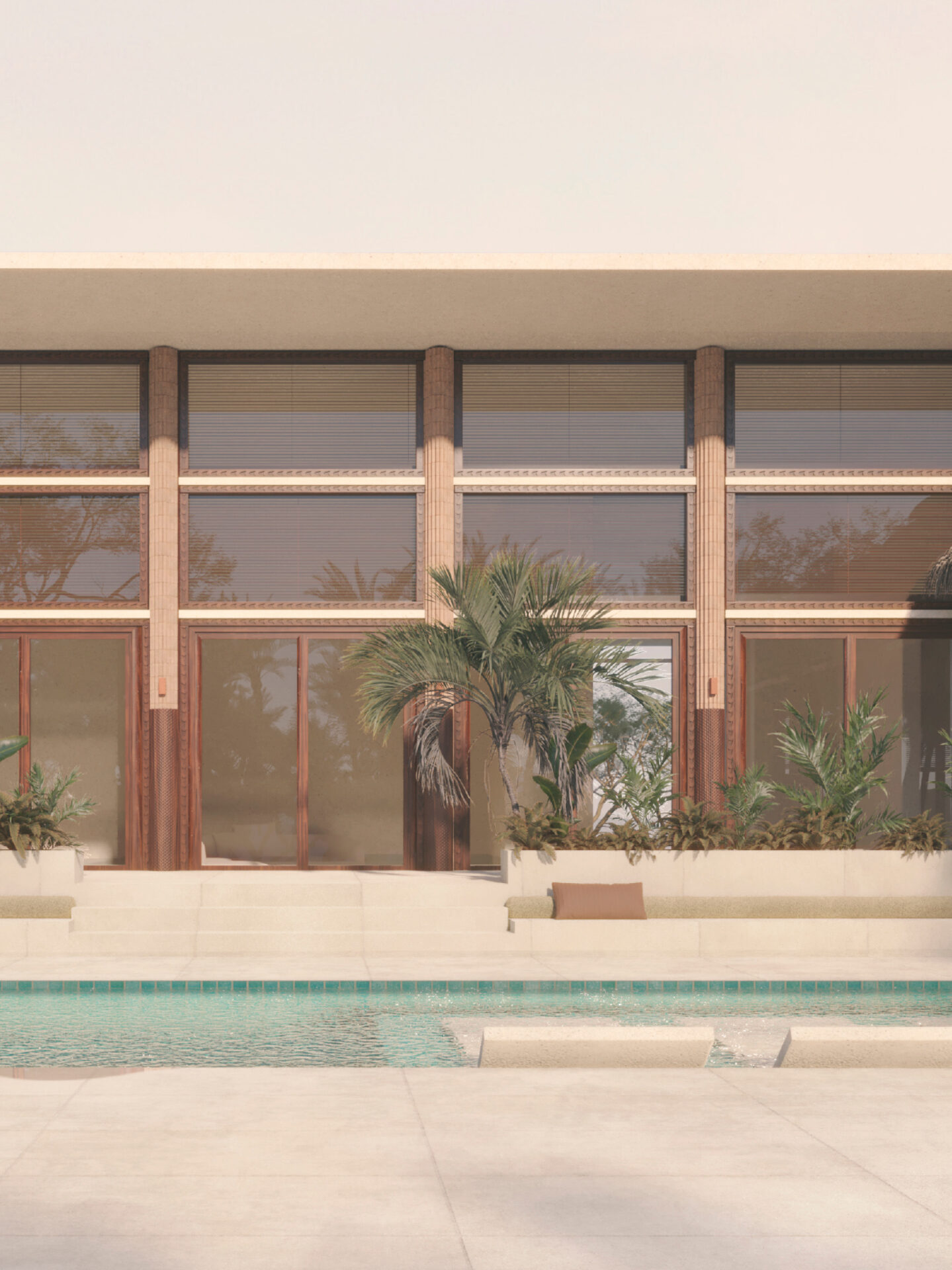 JISONAYILI VILLA | Showcasing large timber-framed windows, shaded terraces, and poolside landscaping as part of contemporary Ghanaian luxury architecture.