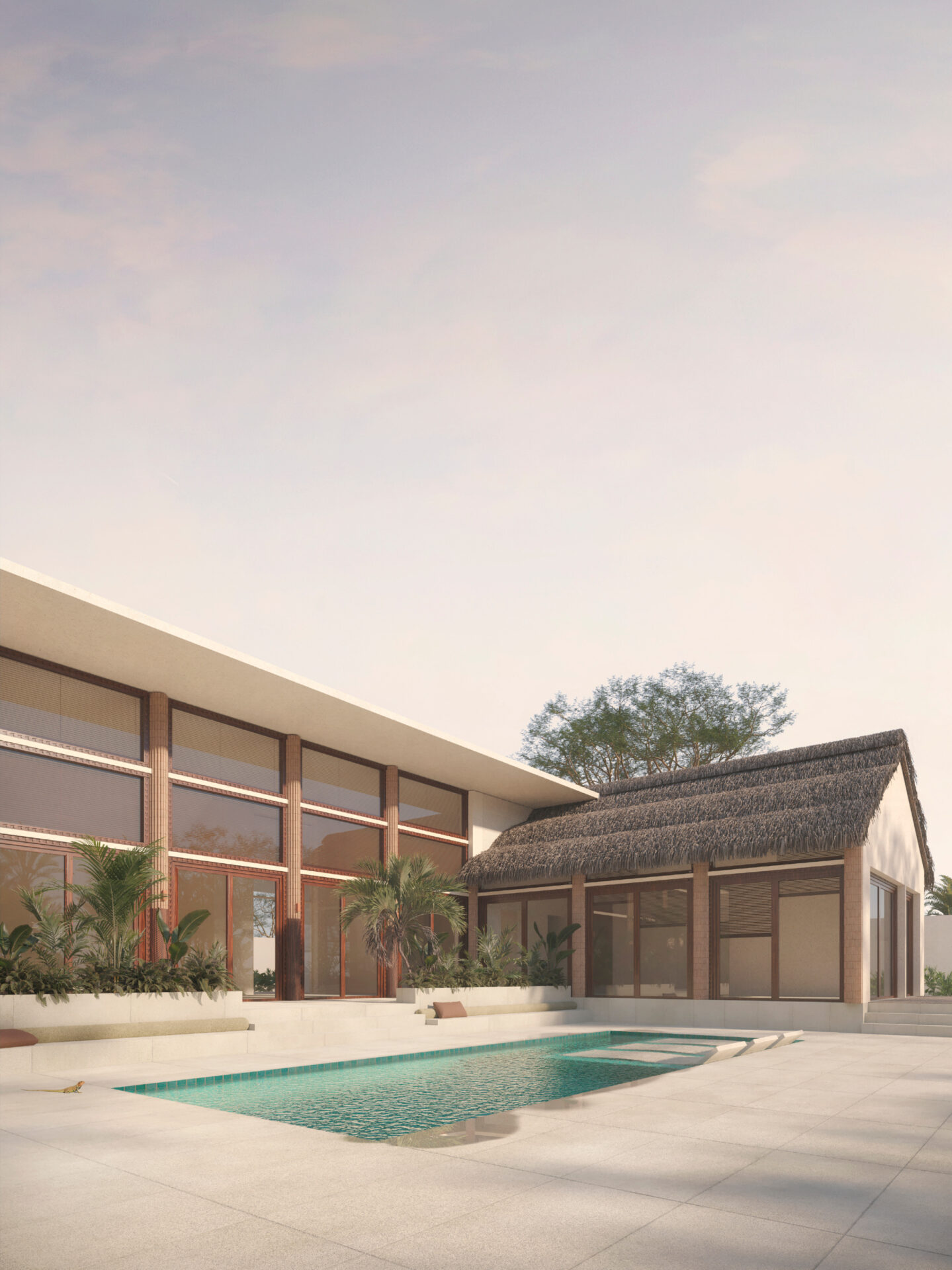 NATURAL MATERIALITY | Timber framing, thatched roofing, and textured stone terraces blending with the landscape.