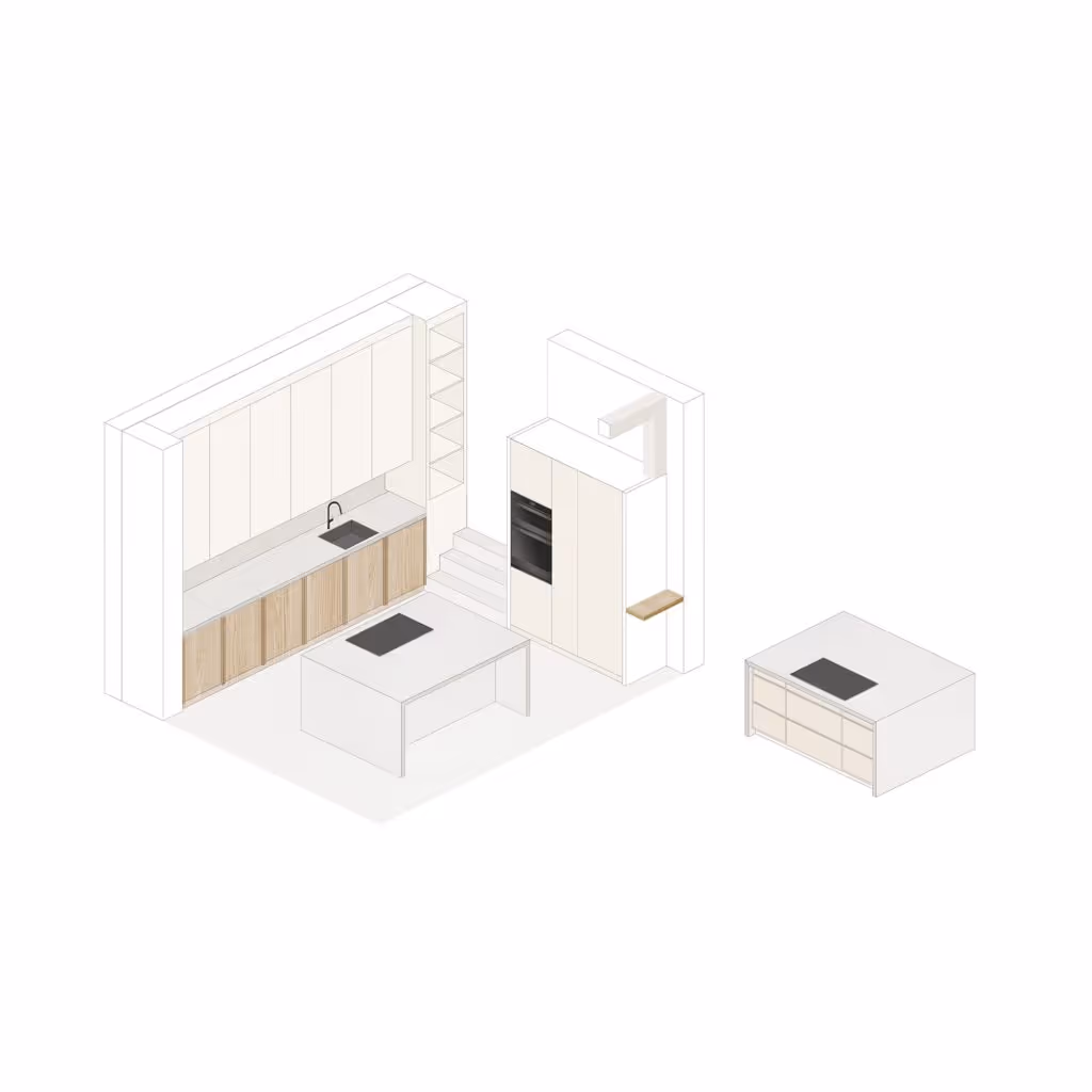 Exploded cabinetry view | Detailed illustration of the Grove Park kitchen joinery, highlighting craftsmanship and material composition.