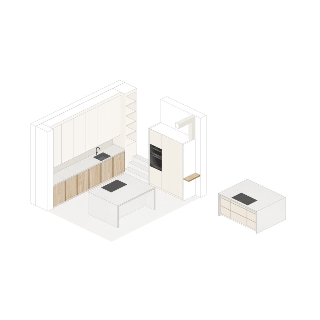 Exploded cabinetry view | Detailed illustration of the Grove Park kitchen joinery, highlighting craftsmanship and material composition.