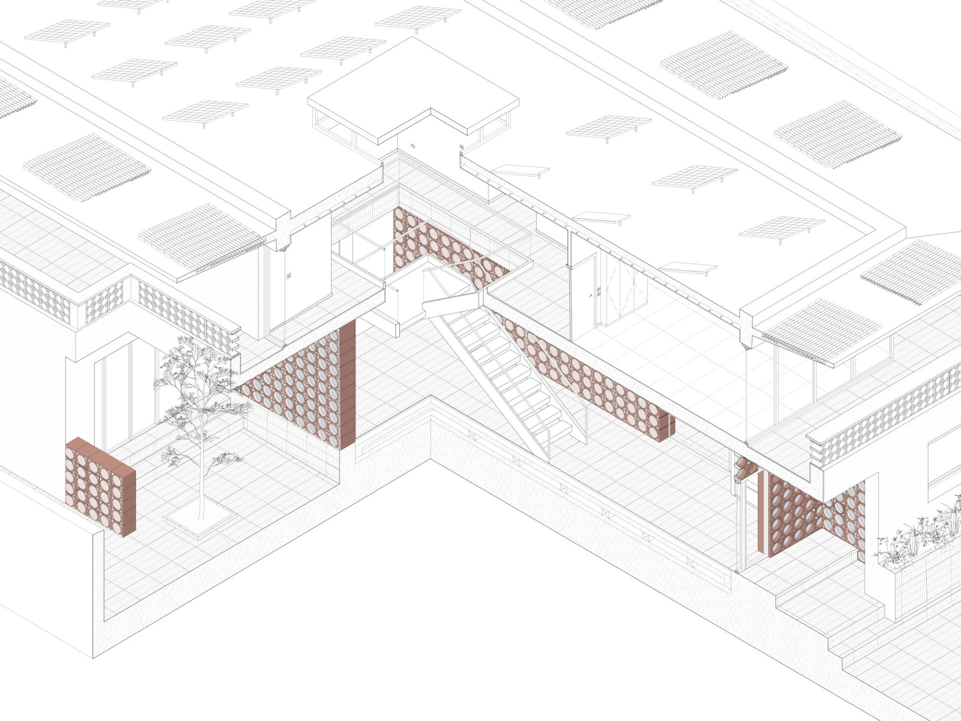 ARCHITECTURAL AXONOMETRIC | Cutaway view of Rice City House highlighting the use of bespoke hollow bricks, central staircase, and veranda connection.