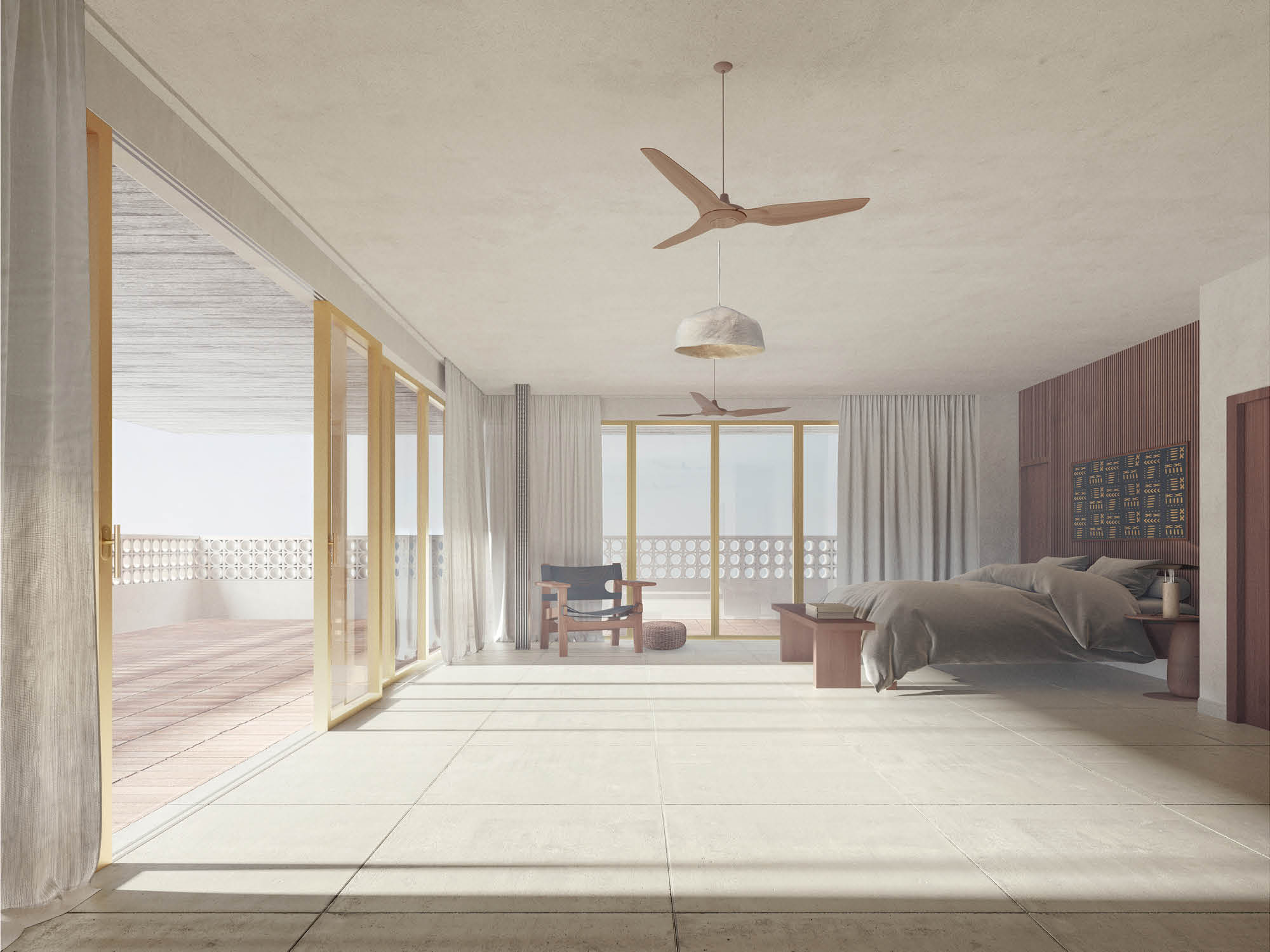 INDOOR-OUTDOOR LIVING | Light-filled bedroom with direct veranda access, framed views, and natural ventilation through hollow brick detailing.