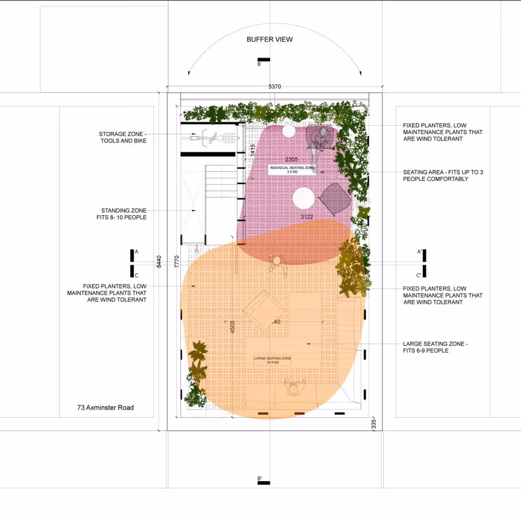 Site plan | Architectural drawing showing zoning and layout within the rooftop addition.