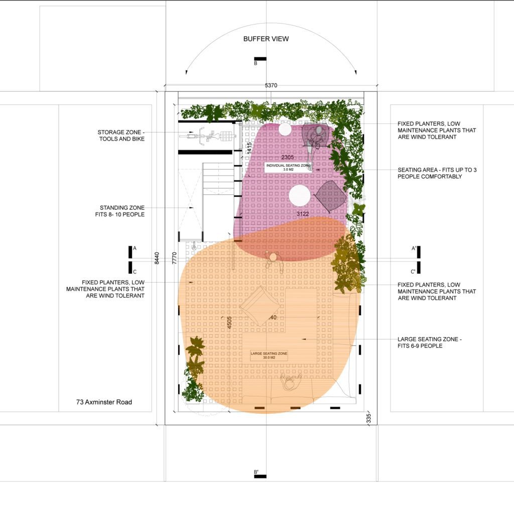 Site plan | Architectural drawing showing zoning and layout within the rooftop addition.