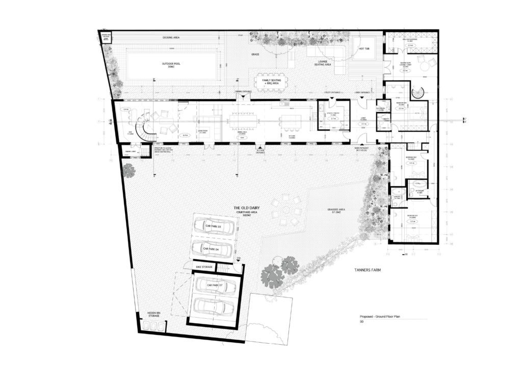 PROPOSED CHANGES | Floor plan of The Old Dairy showing the seamless flow from the central courtyard through open-plan living areas, with direct connections to outdoor.