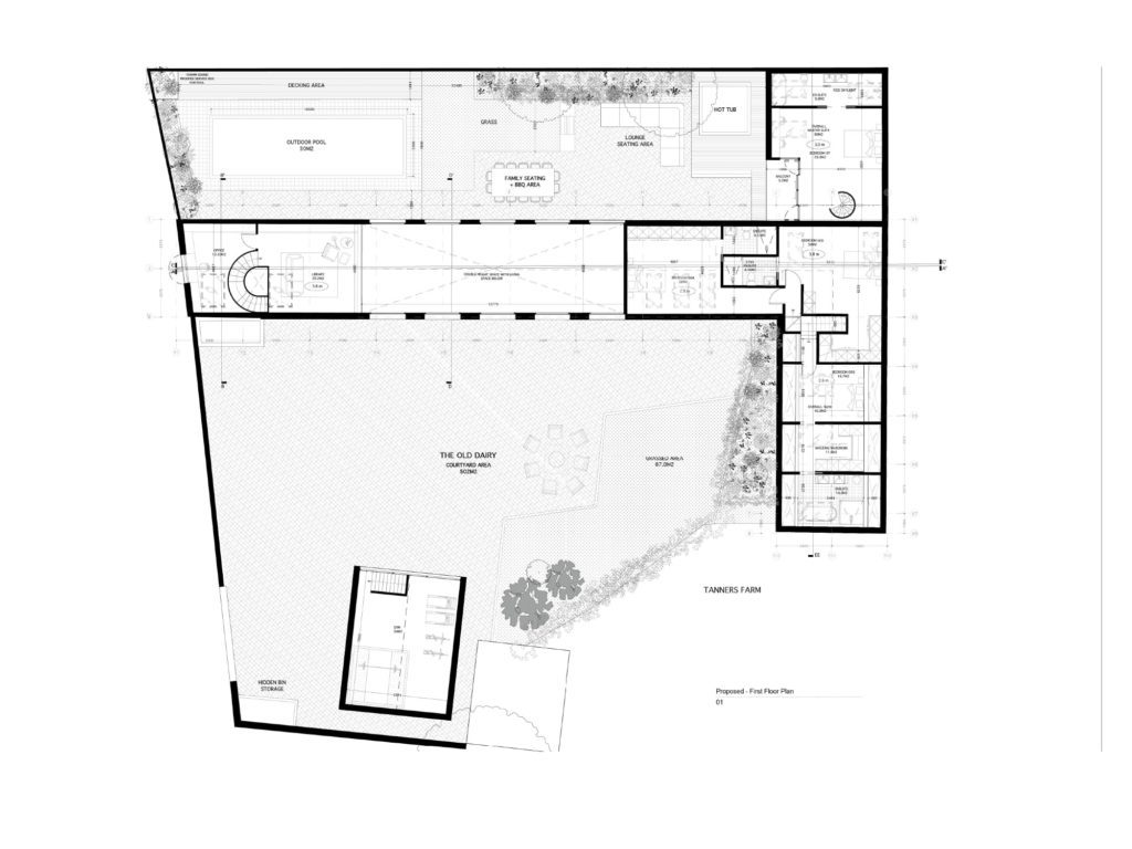 EXISTING LAYOUT | Architectural floor plan of The Old Dairy showcasing a central courtyard, surrounding living spaces, bedrooms, and leisure amenities including a pool, hot tub, and multiple seating areas.