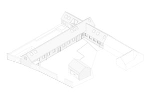 AXONOMETRIC SITE PLAN | Roof lift and rear extension shown, tracing the project’s spatial strategy.