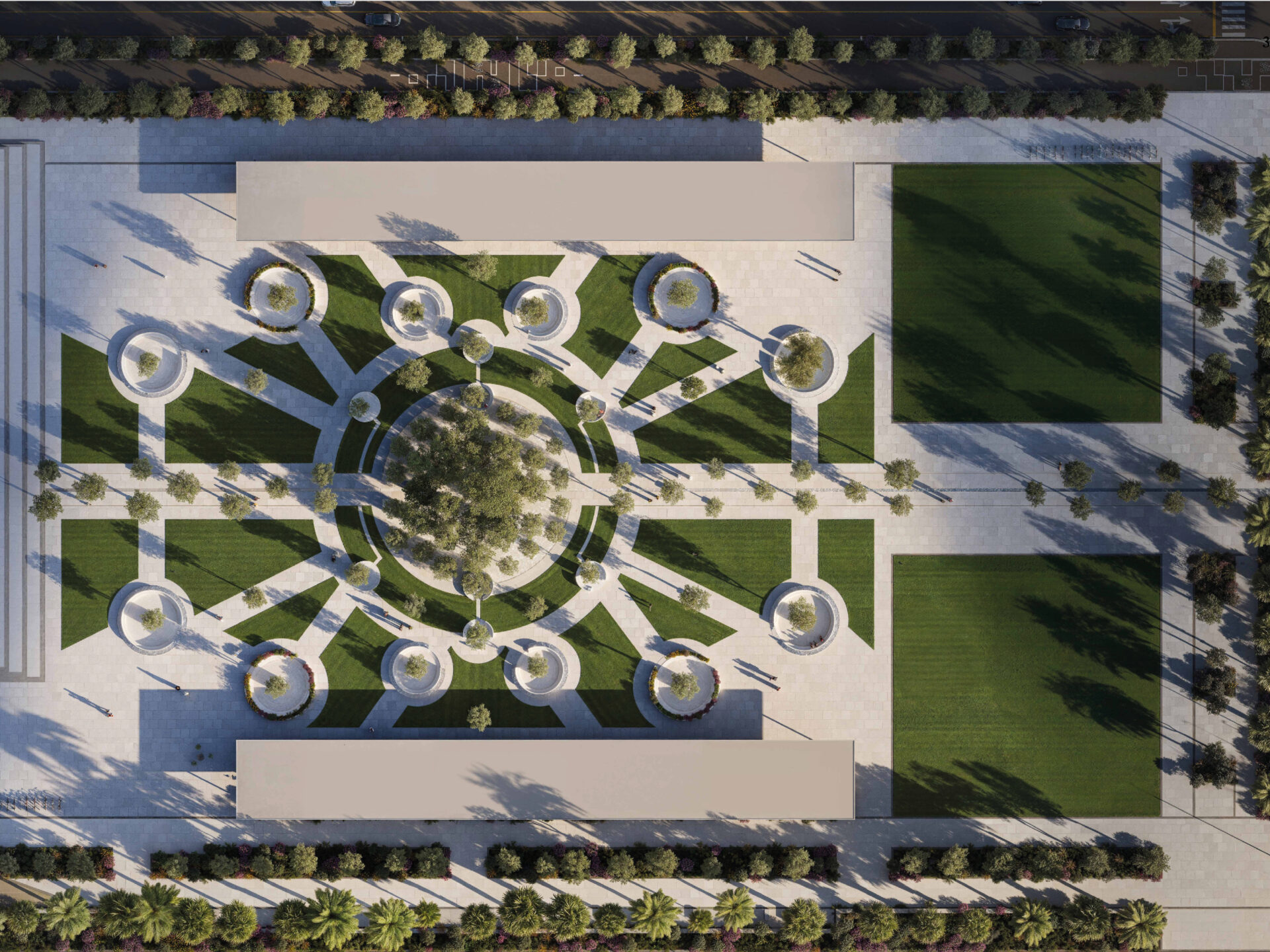 FRAMED BY NATURE | Aerial view of tree-lined seating areas creating quiet pause.