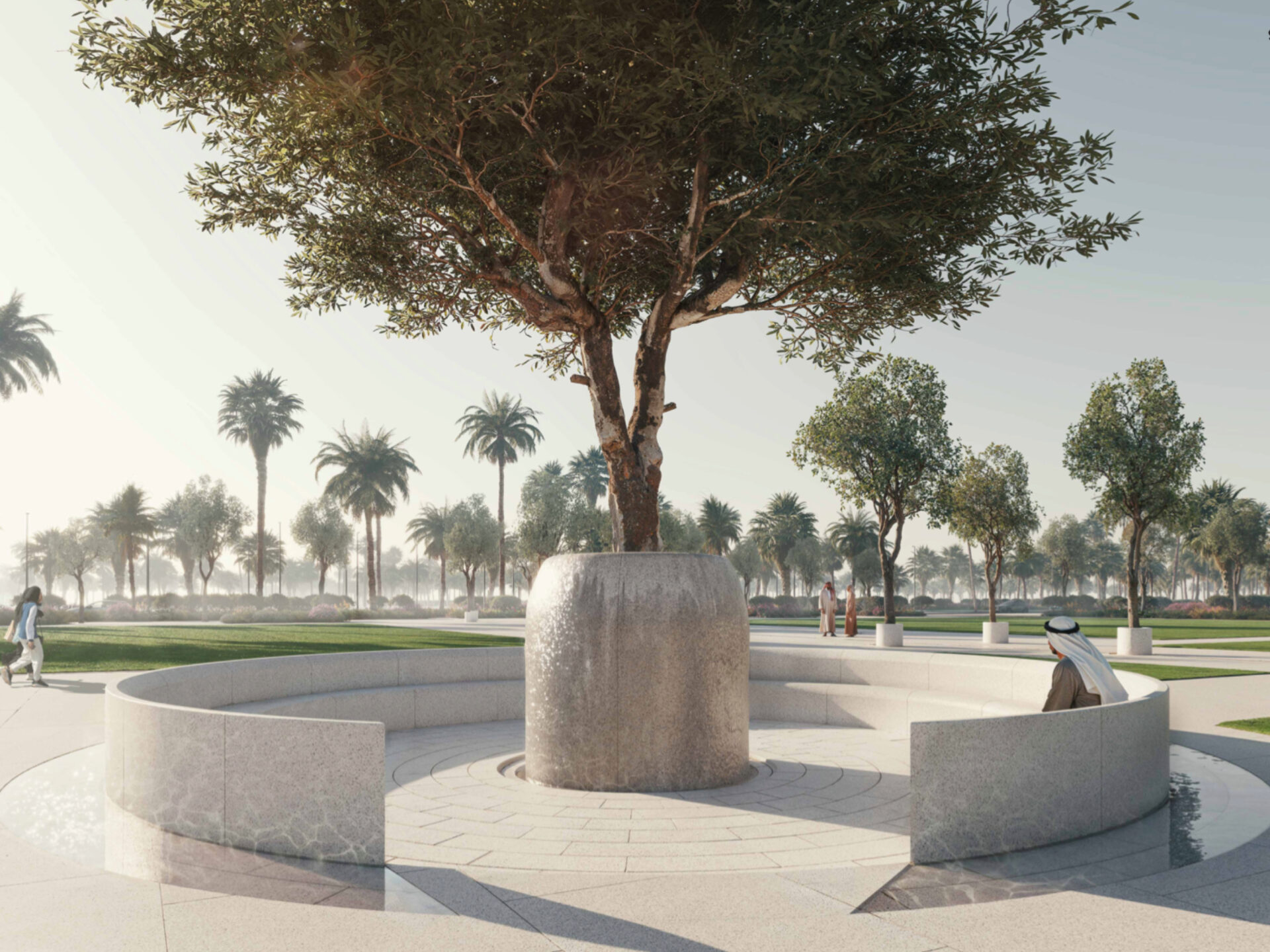SLOW SPACES | Feature planter with single large tree, tiered seating, and paved public space designed for moments of pause.