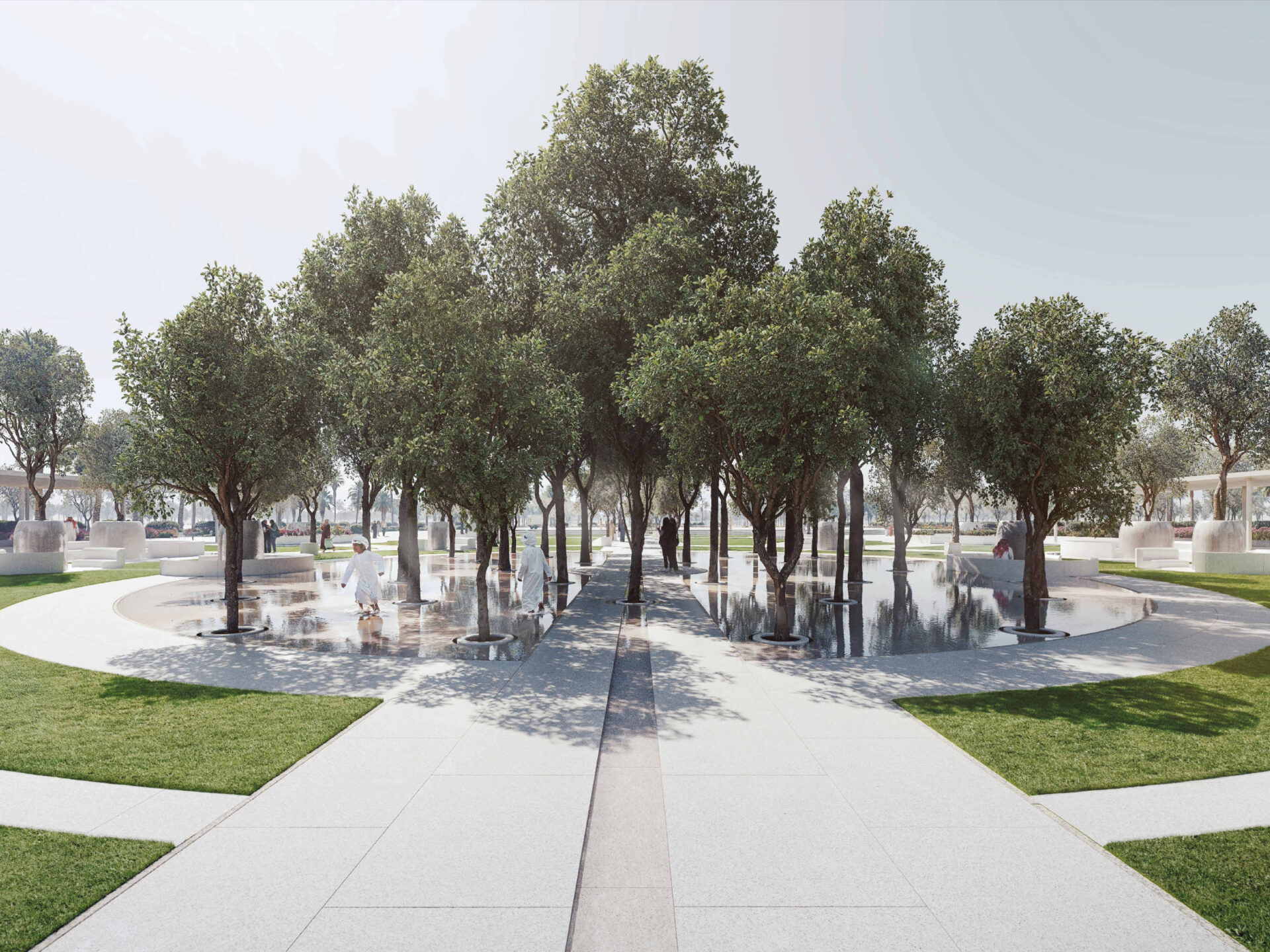 GREEN CANOPY | Tree-lined public space with water feature and contemporary landscape design at Water Grove.