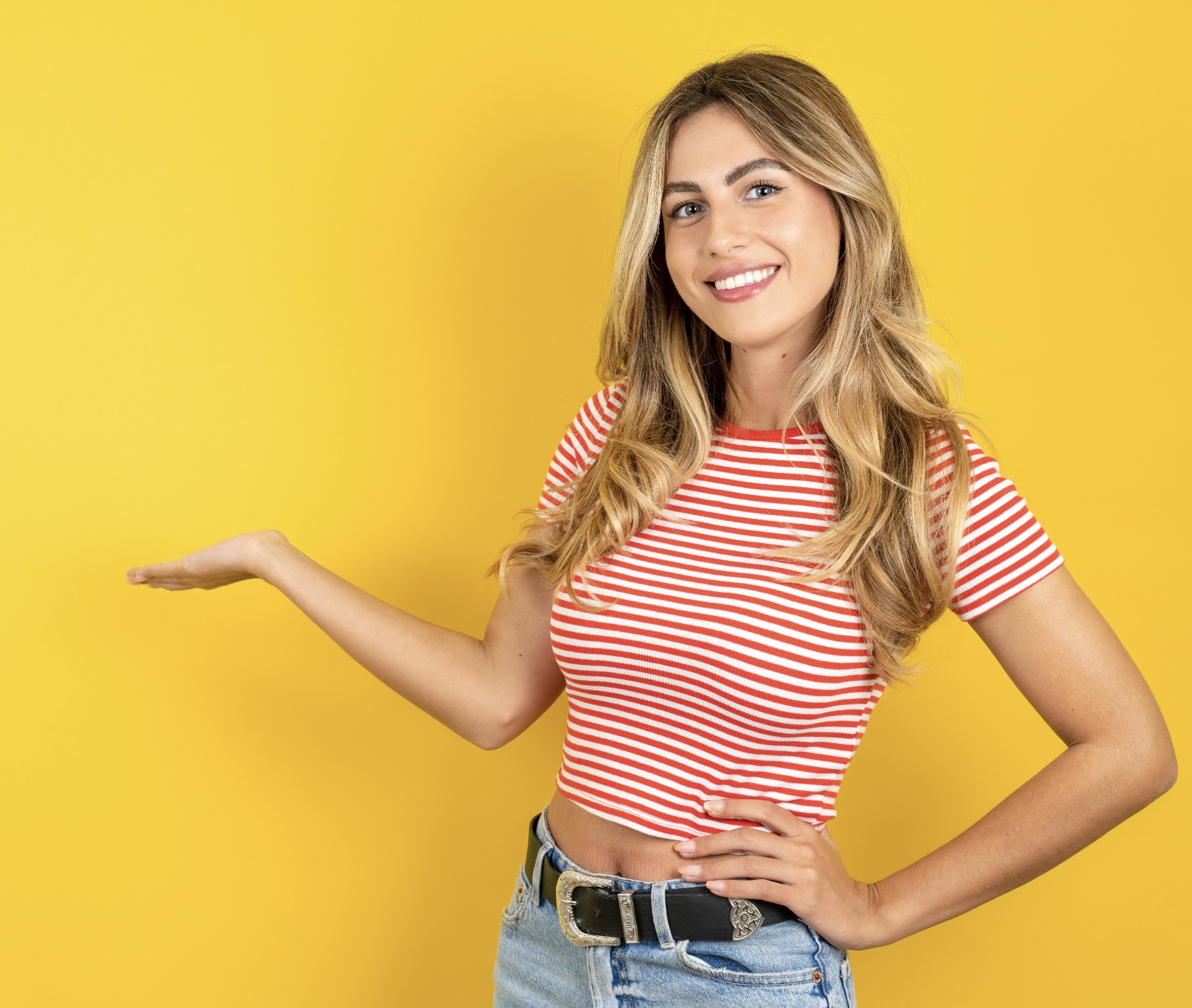 Marketing Professional pointing towards the information on opposite side of the page.