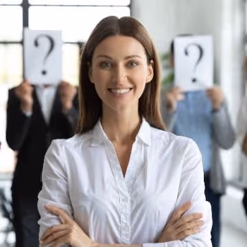 marketing Candidate with questions marks behind her