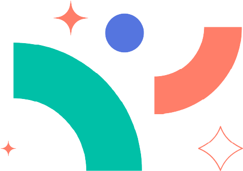 Abstract shapes including a green curved segment, a red curved segment, a blue circle, and four red star-like sparkles on a transparent background.