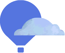 Blue hot air balloon icon partially covered by a light blue cloud.
