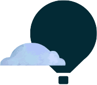 Dark blue hot air balloon partially covered by a light blue cloud.