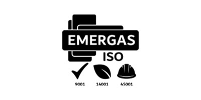 Emergas logo with ISO certifications 9001, 14001, and 45001 represented by a checkmark, a leaf, and a safety helmet icons.