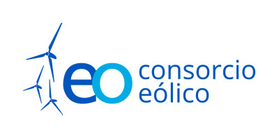 Consorcio Eólico logo featuring stylized wind turbines and letters 'eo' in blue tones.