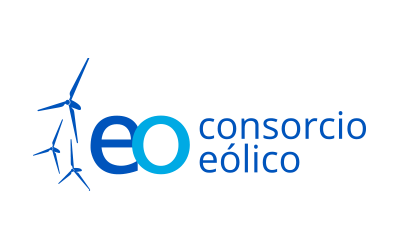 Consorcio Eólico logo featuring stylized wind turbines and letters 'eo' in blue tones.