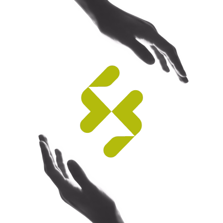 Two grayscale hands surrounding a lime green geometric logo with interlocking shapes on a transparent background.