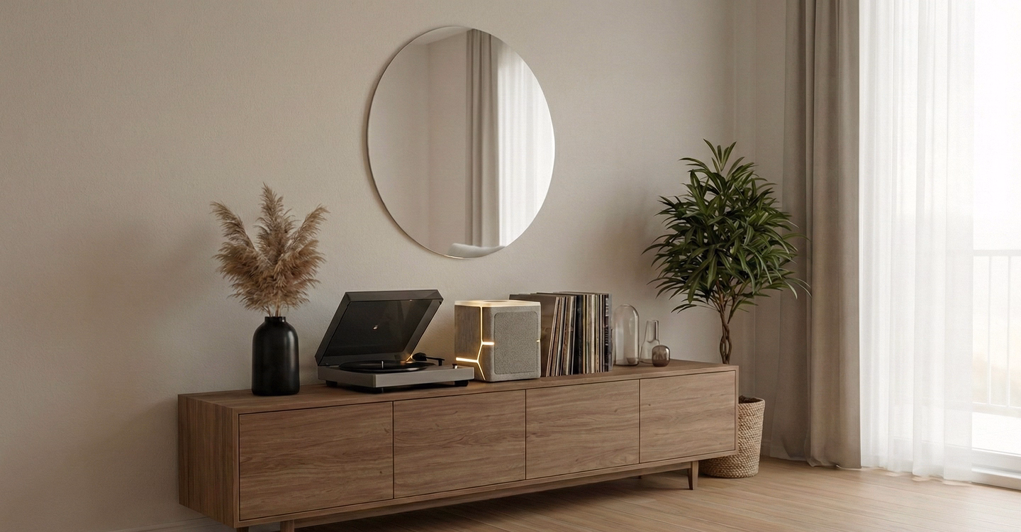 Minimalist wooden console with a black vase holding pampas grass, a turntable, records, a modern speaker, and a potted plant under a round wall mirror in a bright room.