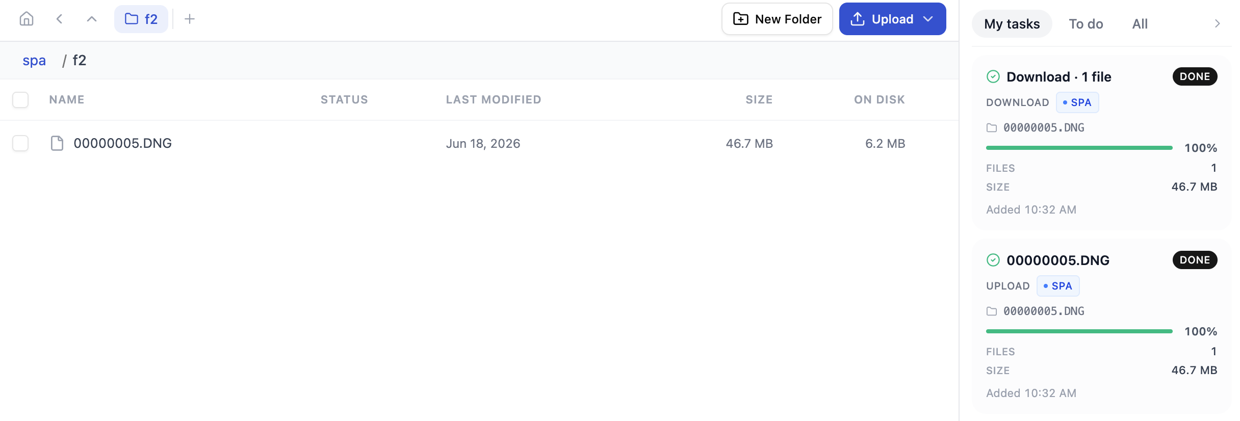 Jetraw Platform interface showing 7× compression in action — 46.7 MB DNG file stored as 6.2 MB on disk