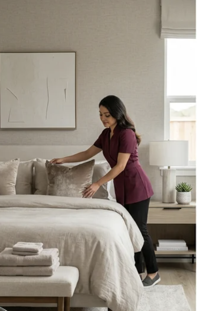 Woman in burgundy uniform arranging pillows on a neatly made bed in a modern bedroom.