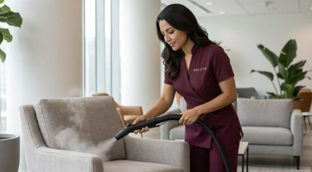 Woman in maroon uniform steaming a gray upholstered armchair in a modern room.