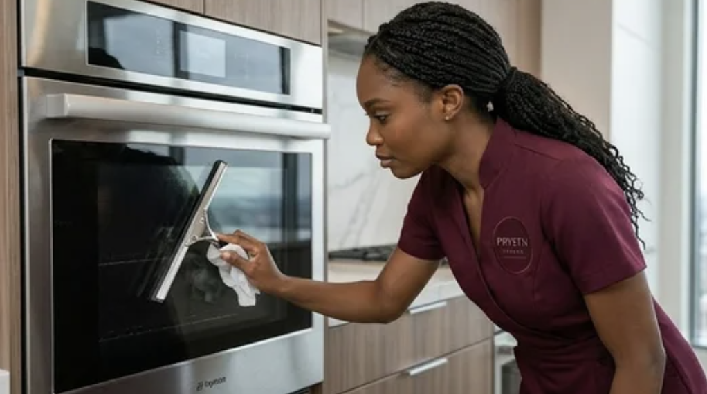 Woman wearing a maroon uniform cleaning the glass door of a built-in kitchen oven with a squeegee and cloth.