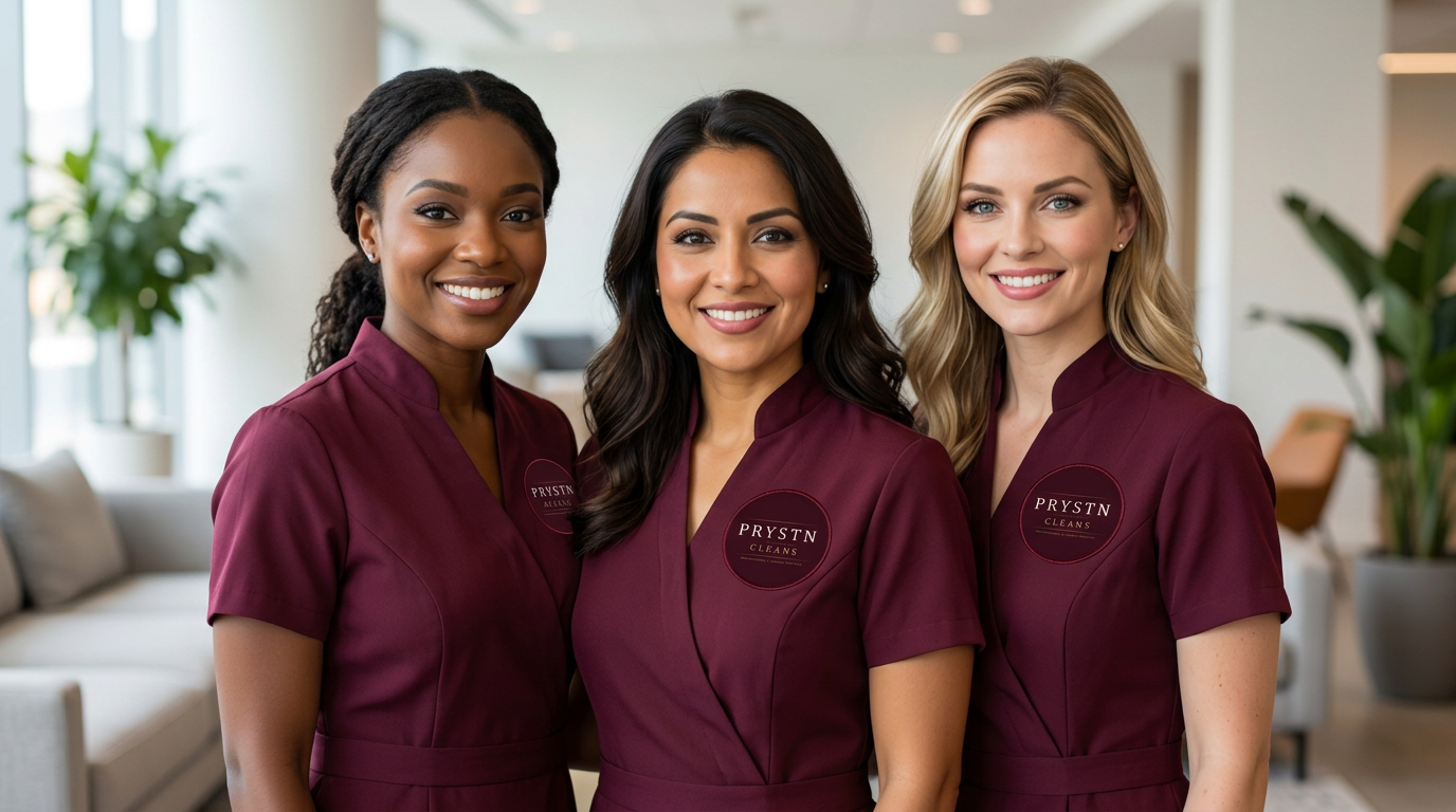 Three smiling women in matching burgundy uniforms with PRYSTN CLEANS logos standing in a modern, bright office lounge.