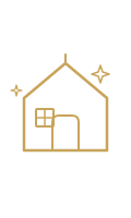 Minimalist gold line icon of a house with a window, door, and two stars.