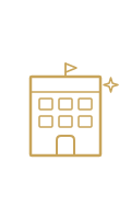 Outline of a building with a flag on top and a sparkle icon to the right.