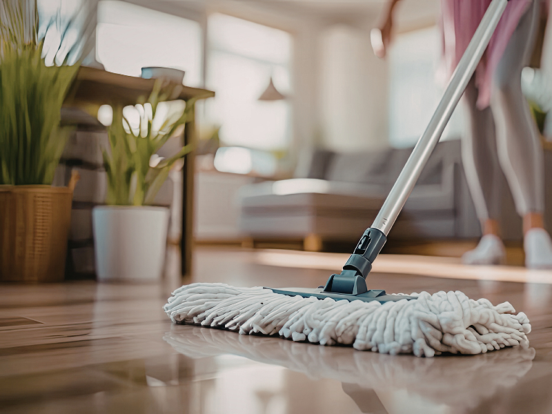 Close-up of a flat mop cleaning a shiny wooden floor in a bright living room with plants and a sofa in the background.