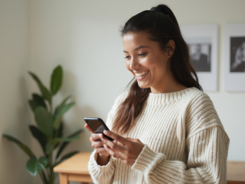 Smiling woman in a white sweater looking at her smartphone indoors with a plant and framed pictures in the background.