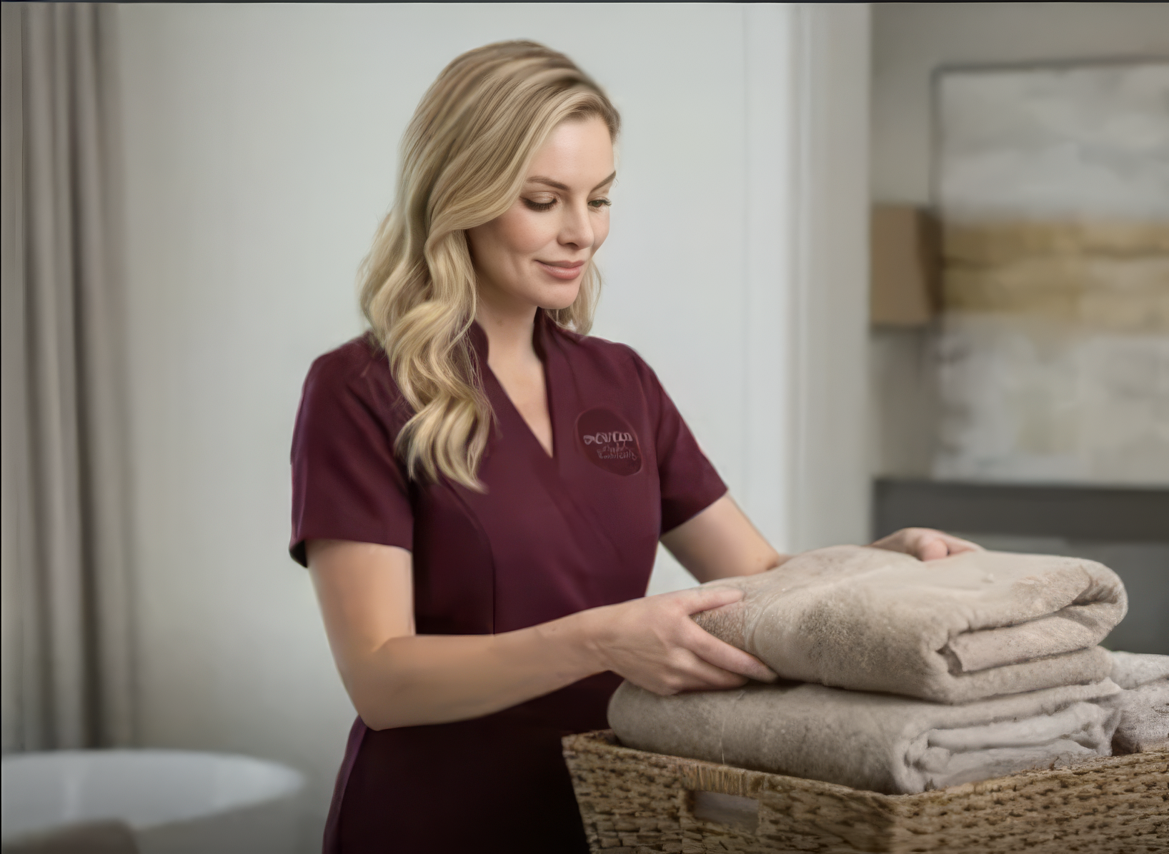 Woman with blonde hair in a maroon uniform holding folded towels over a wicker basket in a softly lit room.