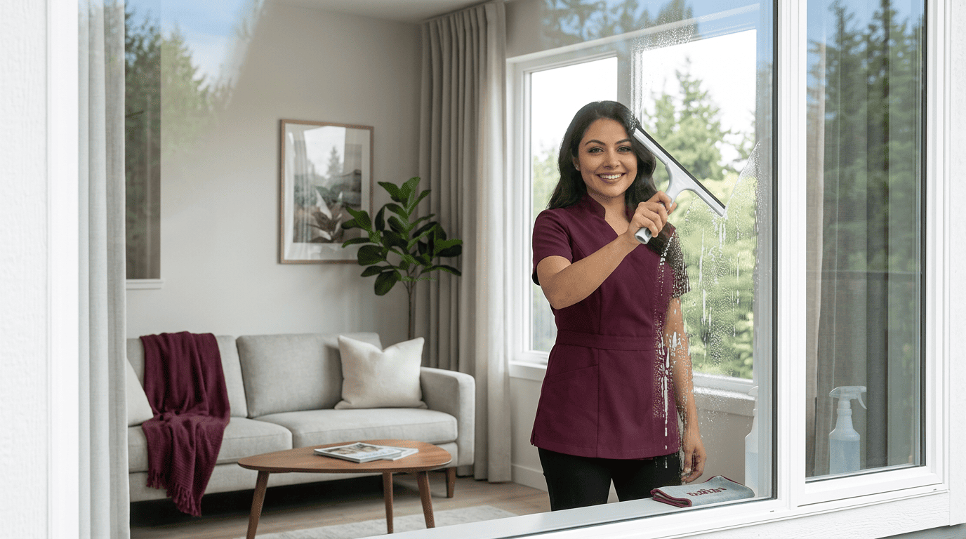 Smiling woman in a burgundy uniform cleaning a large window with a squeegee in a bright living room.