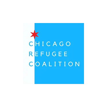 Chicago Refugee Coalition logo with white and blue background and a red star.