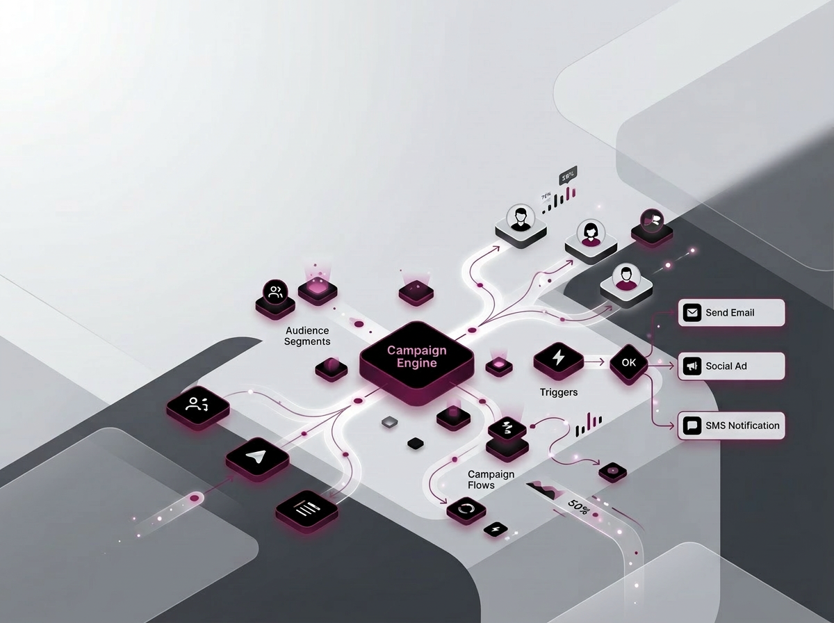 Diagram showing a campaign engine workflow connecting audience segments, campaign flows, and triggers to deliver email, social ad, and SMS notification outputs.