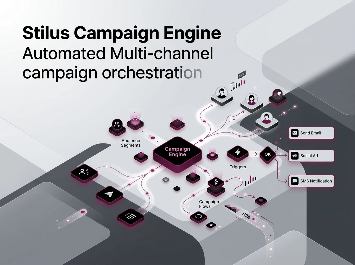 Diagram of Stilus Campaign Engine showing automated multi-channel campaign orchestration with audience segments, campaign flows, triggers, and outputs including send email, social ad, and SMS notification.