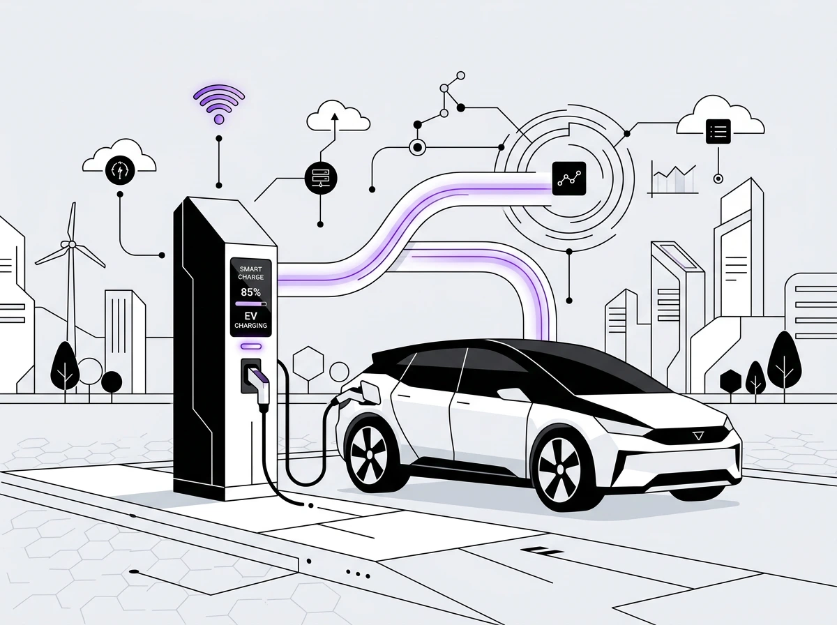 Electric vehicle connected to a smart EV charging station with futuristic digital flow and cityscape in the background.