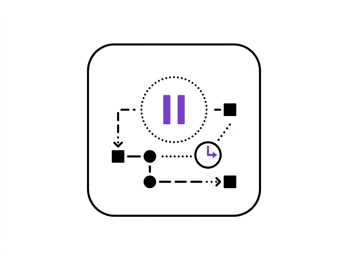 Icon of a flowchart with a purple pause symbol and clock, connected by dotted and dashed lines between circles and squares.