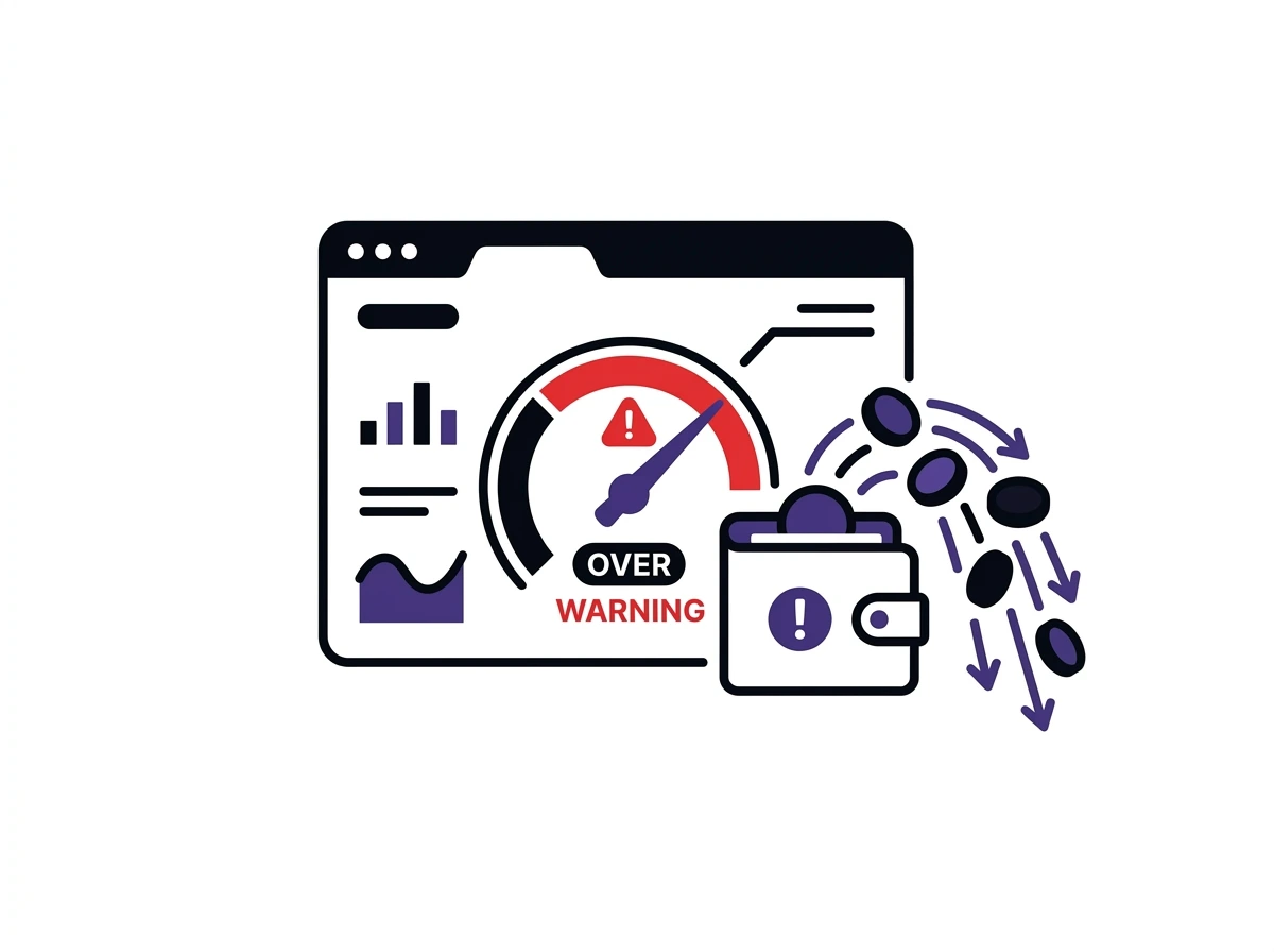Dashboard showing a gauge with pointer in red warning zone labeled 'OVER WARNING' and a wallet with coins falling out indicating budget overspending.