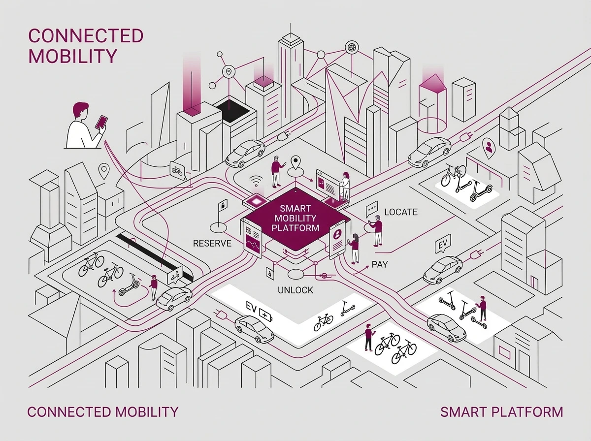 Diagram of a smart mobility platform connecting electric vehicles, bikes, and scooters in a city with functionalities to reserve, unlock, locate, and pay via a mobile device.