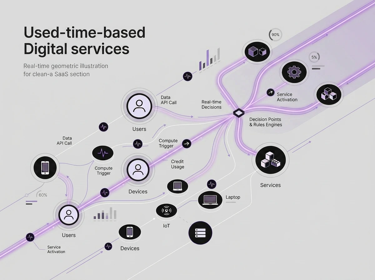 Flowchart illustrating used-time-based digital services with users, devices, real-time decisions, and service activation paths.