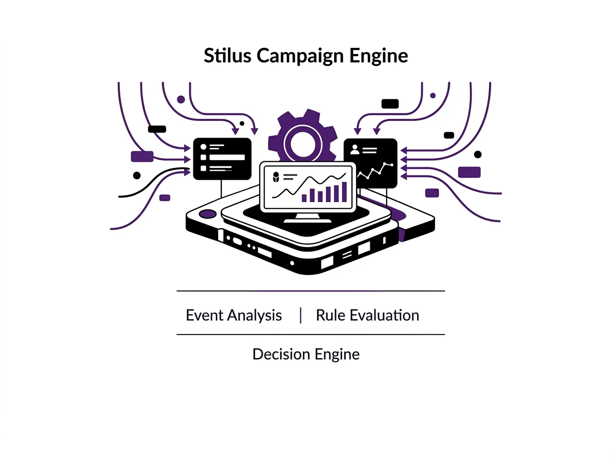 Diagram of Stylus Campaign Engine showing event analysis and rule evaluation feeding into a decision engine with graphical data displays and gear icon.