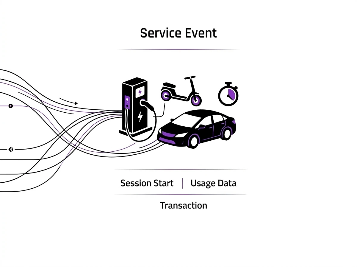 Illustration of an electric vehicle and scooter charging station labeled Service Event with session start, usage data, and transaction details.