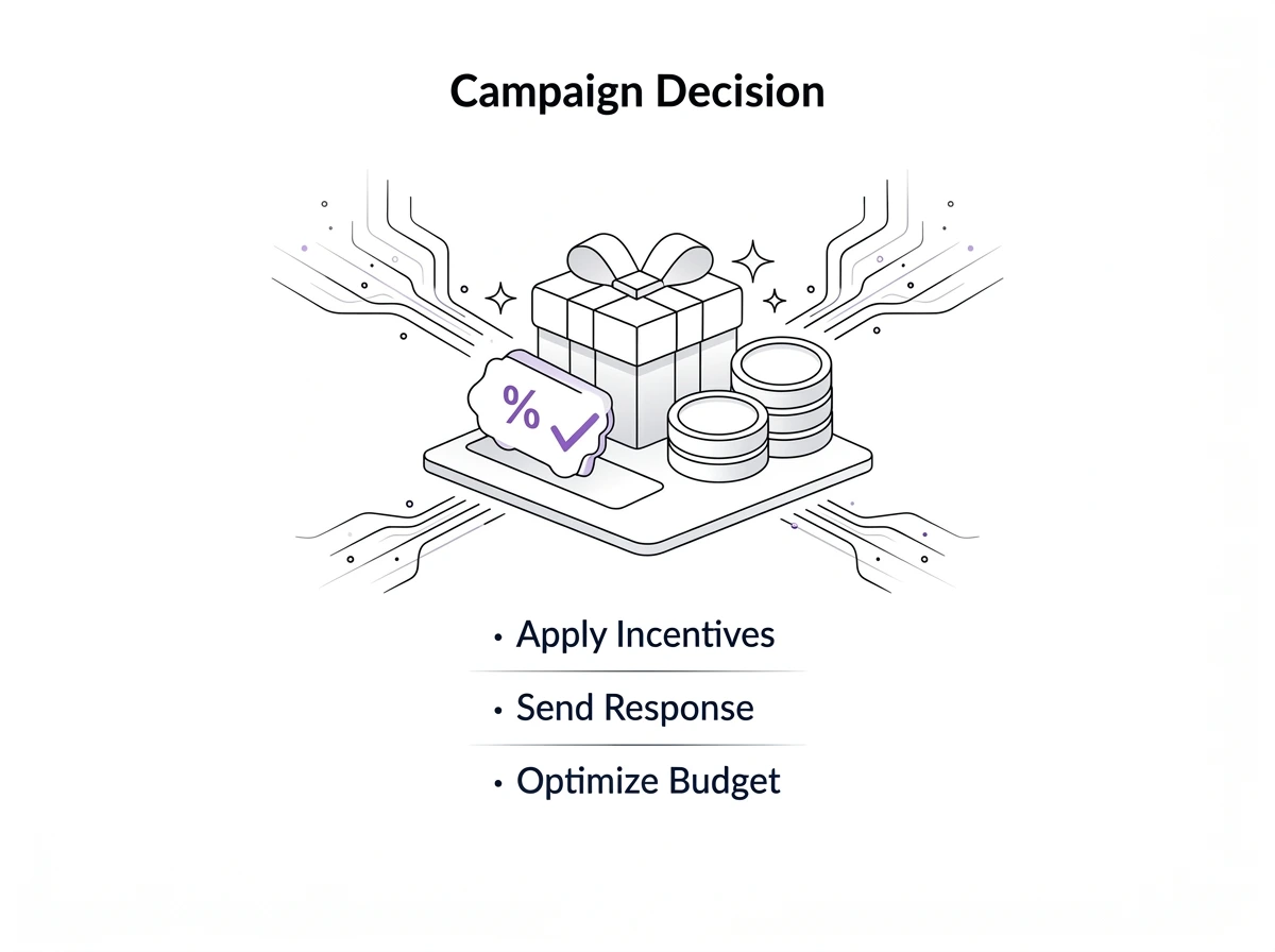 Illustration of a gift box, percentage discount tag, and stacks of coins representing campaign decision actions: apply incentives, send response, optimize budget.