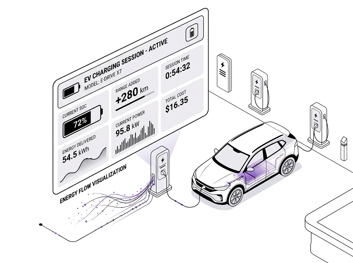 Illustration of an electric vehicle charging session with a white EV connected to a charging station showing energy flow and dashboard displaying charging details like current SOC 72%, range added 280 km, session time 54 minutes, energy delivered 54.5 kWh, power 95.8 kW, and total cost $16.35.
